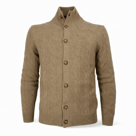 CASHMERE COMPANY Cardigan Uomo Treccia Slim Fit Lana Beige Scuro Made in Italy