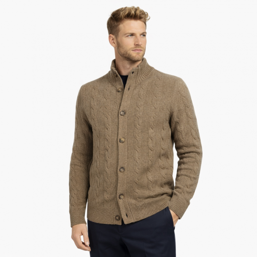 CASHMERE COMPANY Cardigan Uomo Treccia Slim Fit Lana Beige Scuro Made in Italy