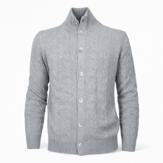 CASHMERE COMPANY Cardigan Uomo Treccia Slim Fit Lana Grigio C25F19Made in Italy