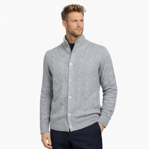 CASHMERE COMPANY Cardigan Uomo Treccia Slim Fit Lana Grigio C25F19Made in Italy