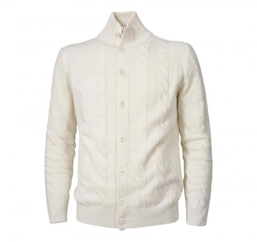 CASHMERE COMPANY Cardigan Uomo Treccia Slim Fit Lana Bianco Avorio Made in Italy