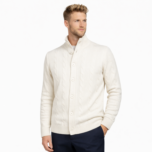 CASHMERE COMPANY Cardigan Uomo Treccia Slim Fit Lana Bianco Avorio Made in Italy