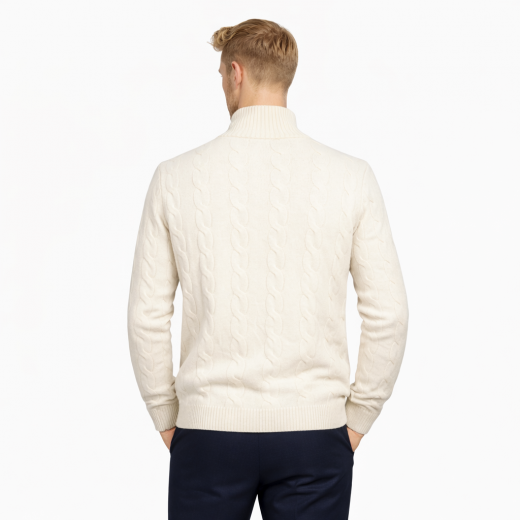 CASHMERE COMPANY Cardigan Uomo Treccia Slim Fit Lana Bianco Avorio Made in Italy