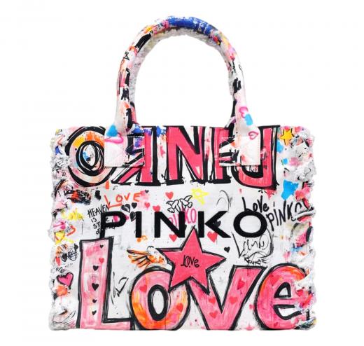 PINKO Borsa Donna Shopper Media Beach In Canvas Con Logo Dettagli Sfrangiati e Stampa Graffiti 106673 Color...