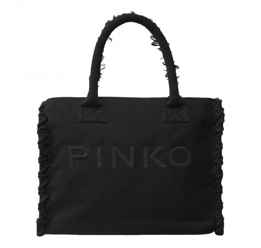 PINKO Borsa Donna Shopper Media Beach In Canvas Con Logo Dettagli Sfrangiati 106673 Colore Nero Z99