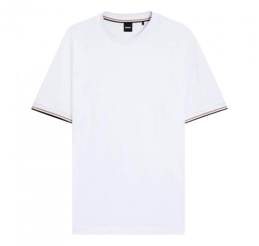 BOSS T Shirt Uomo In Jersey Di Cotone Con Righe Sul Fondo Manica Thompson 04 50501097 Colore Bianco