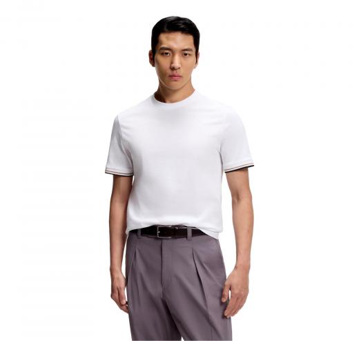 BOSS T Shirt Uomo In Jersey Di Cotone Con Righe Sul Fondo Manica Thompson 04 50501097 Colore Bianco