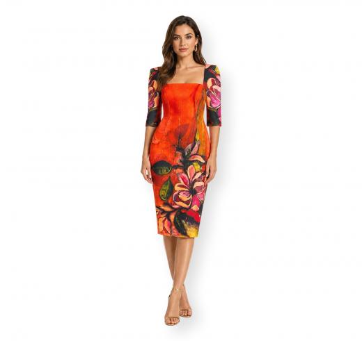 CARLA RUIZ Abito Donna Fantasia Floreale Elegante Cerimonia Colore Arancione