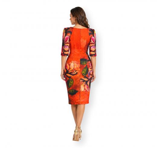 CARLA RUIZ Abito Donna Fantasia Floreale Elegante Cerimonia Colore Arancione