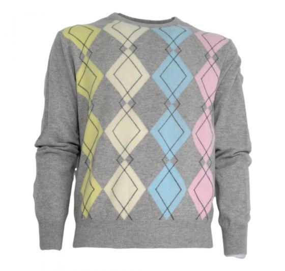 BRAMANTE Pull Girocollo Puro Cashmere 111563 Made in Italy Grigio a Rombi