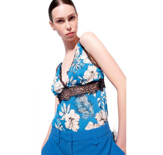 PINKO Trovato Top Donna Jaquard Stampa Fiore Grafico Colore Turchese/Burro/Nero