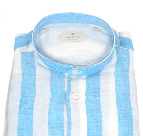 BASTONCINO Camicia Uomo Slim B2478 Puro Lino Coreana Riga Made in Italy
