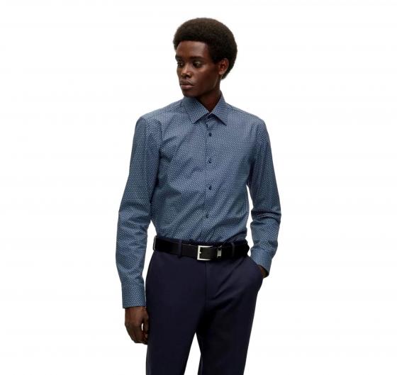 BOSS Camicia Uomo Elasticizzata Busines Stampa Monogramma all-over H-Hank Kent 50478620 Celeste