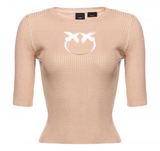 PINKO Maglia Donna Tritone a Costine Cotone e Seta Logo In Trasparenza D23 Colore Beige
