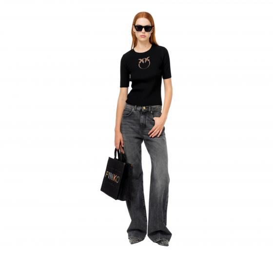 PINKO Maglia Donna Tritone a Costine Cotone e Seta Logo In Trasparenza Z99 Colore Nero