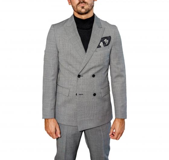 BOSS Abito Uomo Slim Fit Doppiopetto in Lana Con Micromotivo 50518118 Colore Grigio