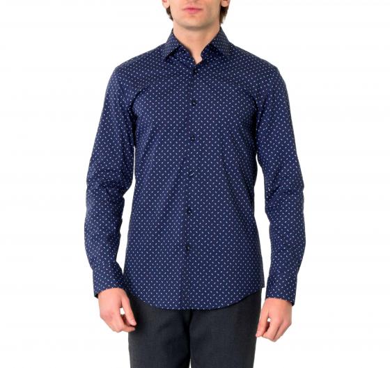 BOSS Camicia Uomo Slim Fit Popelin Di Cotone Elasticizzato Fantasia Geometrica H-HANK-Kent 50532828 Blu Navy