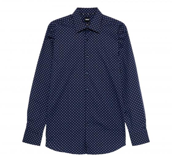 BOSS Camicia Uomo Slim Fit Popelin Di Cotone Elasticizzato Fantasia Geometrica H-HANK-Kent 50532828 Blu Navy