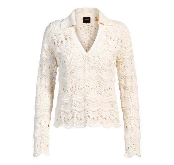 BOSS Maglione Donna In Misto Cotone Con Lavorazione Traforata e Colletto Johnny C Fyder 50537850 Colore Avorio
