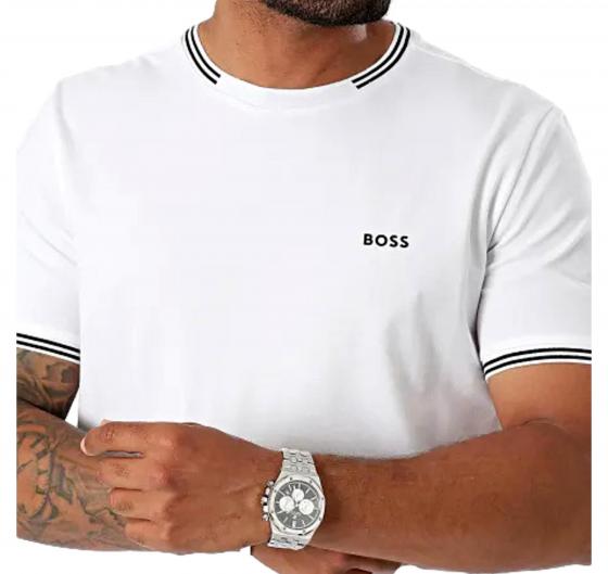 BOSS T-shirt Uomo In Cotone Elasticizzato Con Dettagli A Righe E Logo Taul 50521245 Colore Bianco