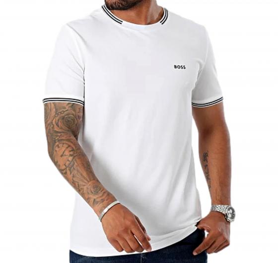BOSS T-shirt Uomo In Cotone Elasticizzato Con Dettagli A Righe E Logo Taul 50521245 Colore Bianco