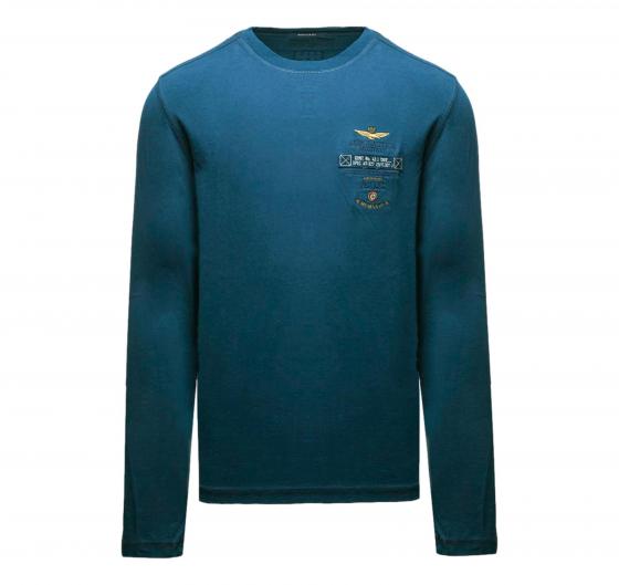 AERONAUTICA MILITARE T Shirt Uomo Manica Lunga In Cotone Tinto Capo e Canvas TS2470UJ00705 Colore Blu Avio