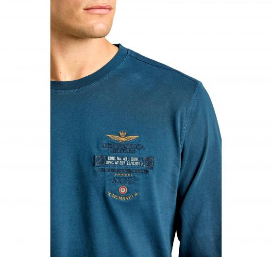 AERONAUTICA MILITARE T Shirt Uomo Manica Lunga In Cotone Tinto Capo e Canvas TS2470UJ00705 Colore Blu Avio