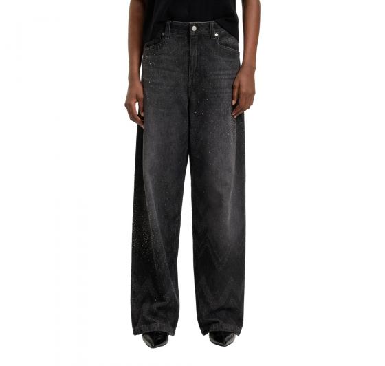 BOSS Jeans Donna A Gamba Larga In Denim Con Cristalli C SLOUCHY MR 50548444 Colore Nero