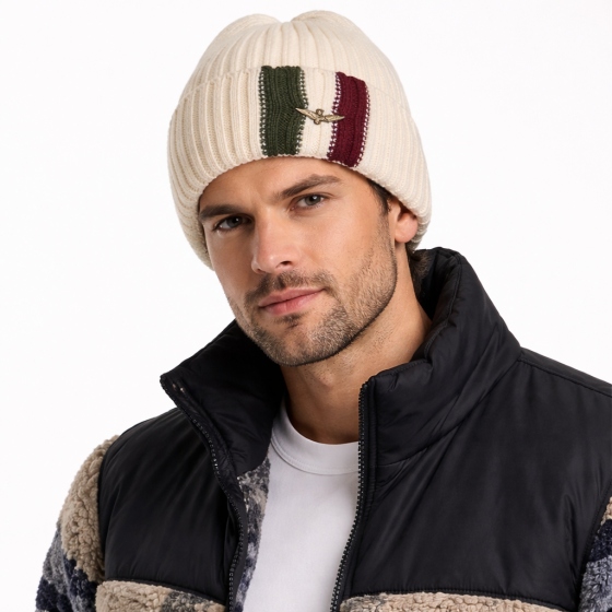 Aeronautica Militare Berretto Uomo a Coste Beige con Bandiera Tricolore e Logo in Metallo 252CU0080UL00555