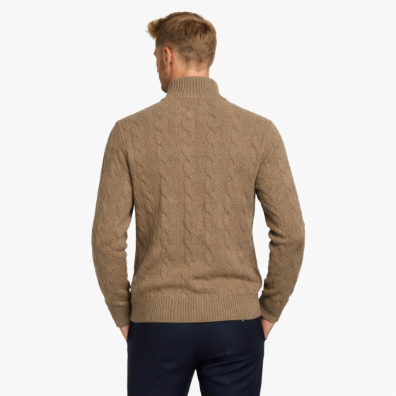 CASHMERE COMPANY Cardigan Uomo Treccia Slim Fit Lana Beige Scuro Made in Italy