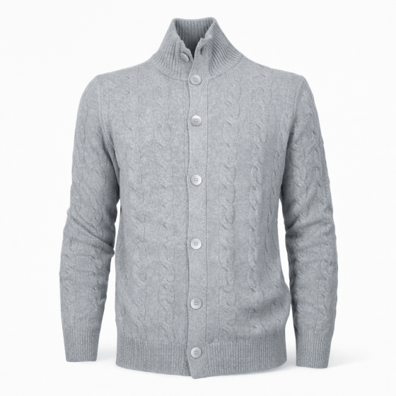 CASHMERE COMPANY Cardigan Uomo Treccia Slim Fit Lana Grigio C25F19Made in Italy