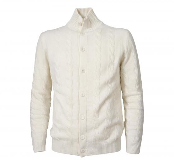 CASHMERE COMPANY Cardigan Uomo Treccia Slim Fit Lana Bianco Avorio Made in Italy