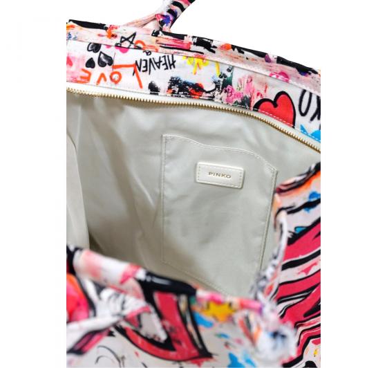 PINKO Borsa Donna Shopper Media Beach In Canvas Con Logo Dettagli Sfrangiati e Stampa Graffiti 106673 Colore Bianco Multicolore