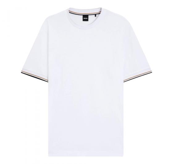 BOSS T Shirt Uomo In Jersey Di Cotone Con Righe Sul Fondo Manica Thompson 04 50501097 Colore Bianco