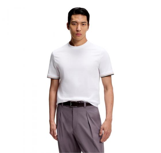 BOSS T Shirt Uomo In Jersey Di Cotone Con Righe Sul Fondo Manica Thompson 04 50501097 Colore Bianco