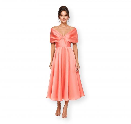 CARLA RUIZ Abito Donna Midi Satinato Scollo Bardot Elegante Cerimonia Colore Corallo
