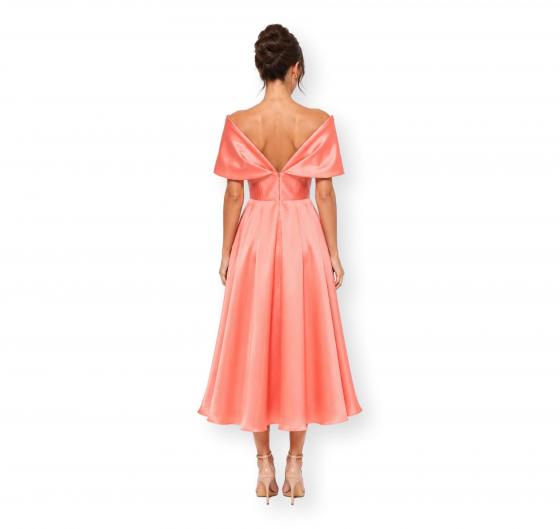 CARLA RUIZ Abito Donna Midi Satinato Scollo Bardot Elegante Cerimonia Colore Corallo