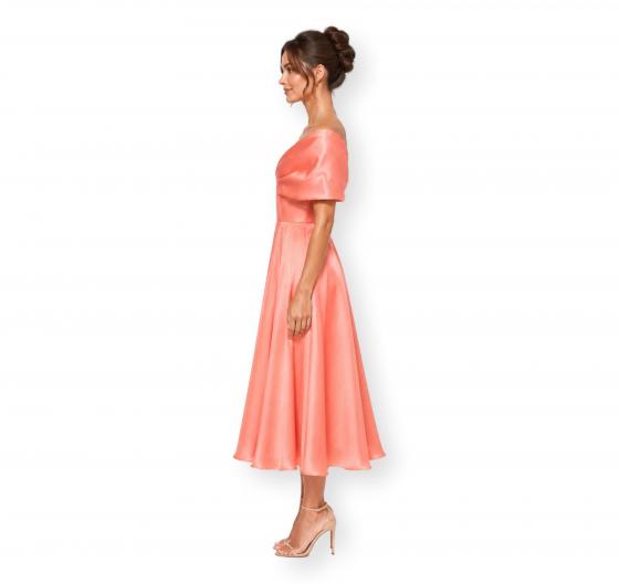 CARLA RUIZ Abito Donna Midi Satinato Scollo Bardot Elegante Cerimonia Colore Corallo